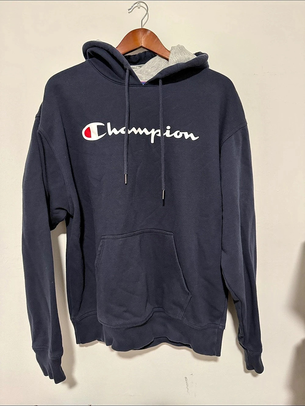 Champion Script Logo Fleece Hoodie Men's Blue Size Large